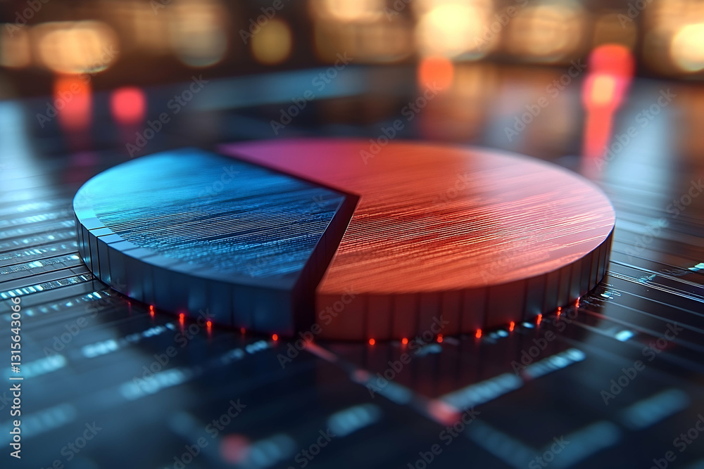 Poster 3d pie chart illustrating data segments, showcasing contrasting blue and red sections against a dark