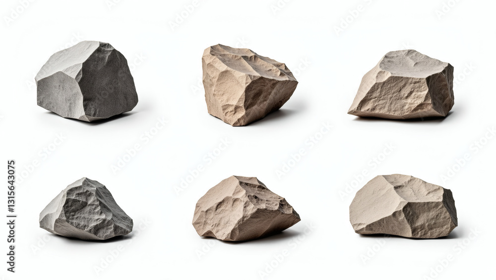 Poster collection of various types of rocks on isolated background, different shapes and textures displayed