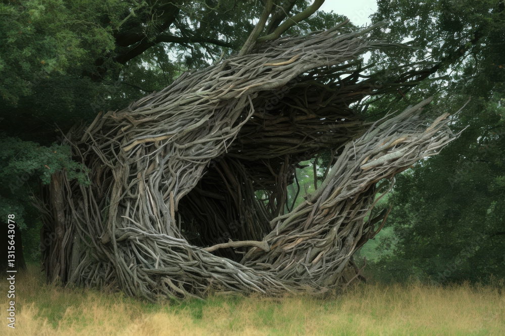 Poster a large structure made of branches and twigs