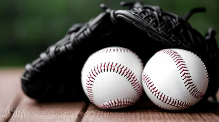 Two baseballs positioned near a black leather baseball glove