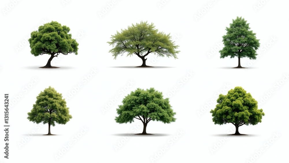 Aufkleber a collection of six different trees with lush green foliage, each standing alone, showcasing their u