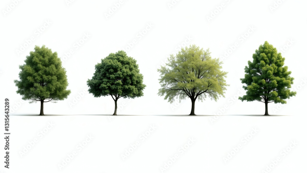 Poster four trees with lush green foliage stand in a row against the light. The image showcases the variety in shape and texture of the trees