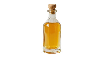 Glass bottle containing amber liquid with cork lid on transparent background