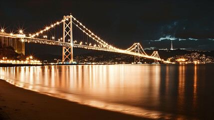 Fototapeta premium A beautiful illuminated bridge reflected in the calm water at night
