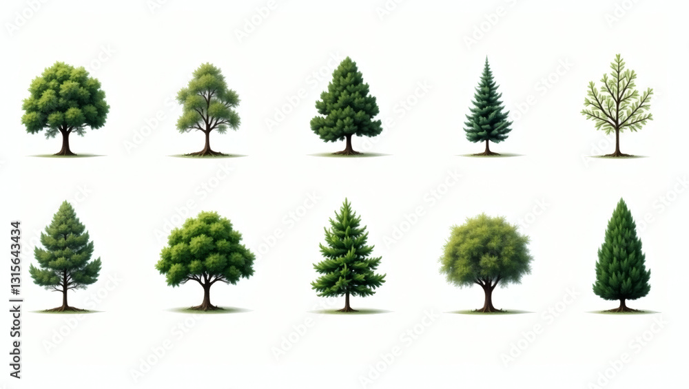 Poster a collection of ten diverse tree illustrations in a row, each showcasing unique foliage and shapes. 