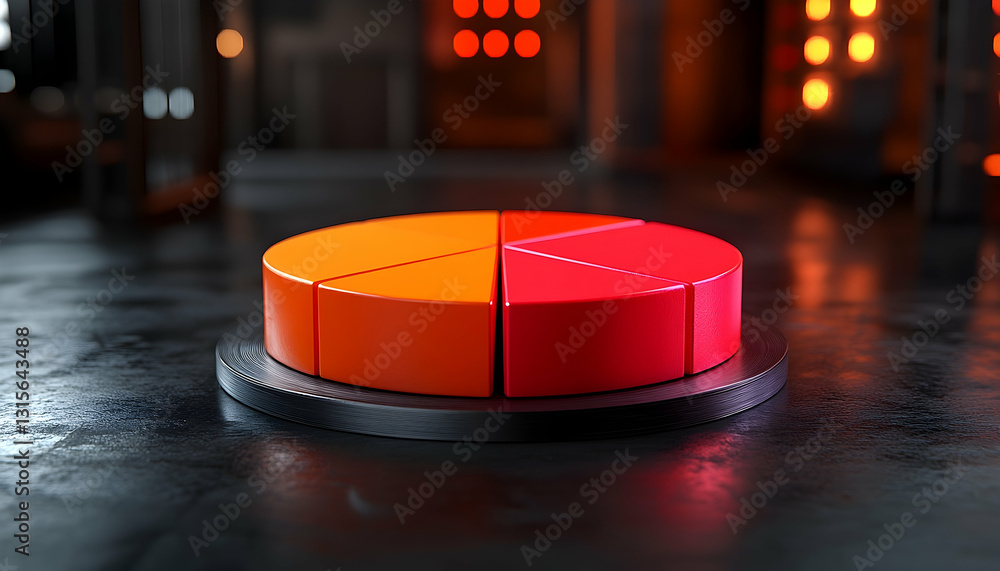 Poster a 3d rendered pie chart with orange and red segments, sits on a dark platform in an industrial setti