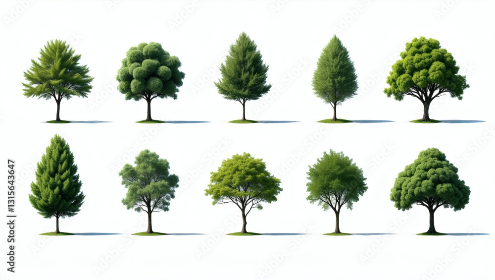 Poster a collection of various trees showcasing diverse shapes and textures