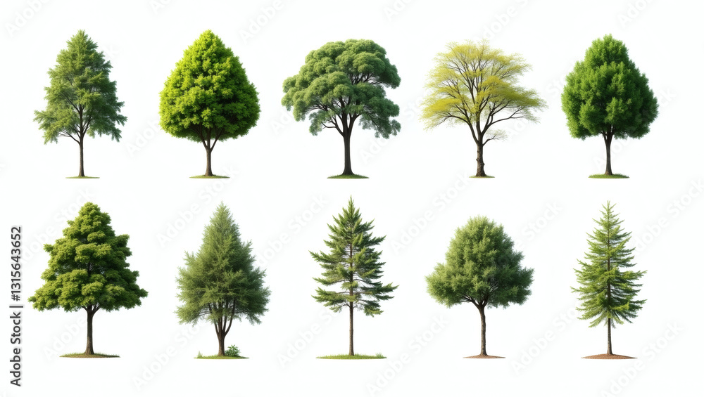 Poster an assortment of diverse trees, each with its own distinct shape, size and foliage, all on a backdro
