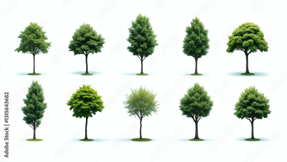 Poster a variety of green trees arranged in a row, showcasing different shapes and sizes, symbolizing growt
