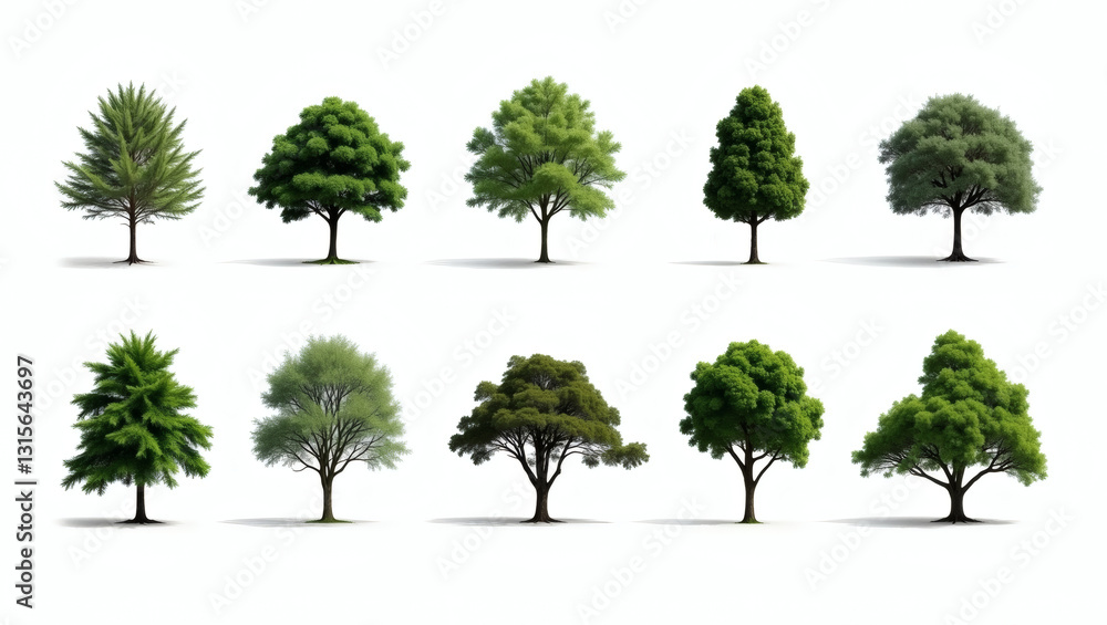 Poster a collection of trees displaying different shapes, sizes, and leaf arrangements. Ideal for illustrating ecological diversity and natural growth. 