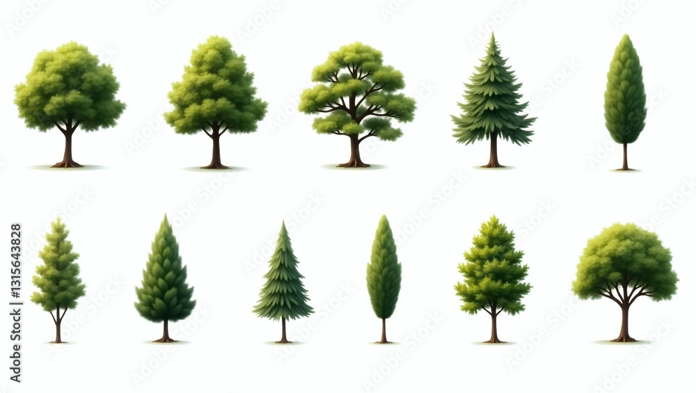 Poster A collection of various trees, perfect for illustrating a natural scene. Each tree displays unique characteristics in their branches, leaves, and shape. 