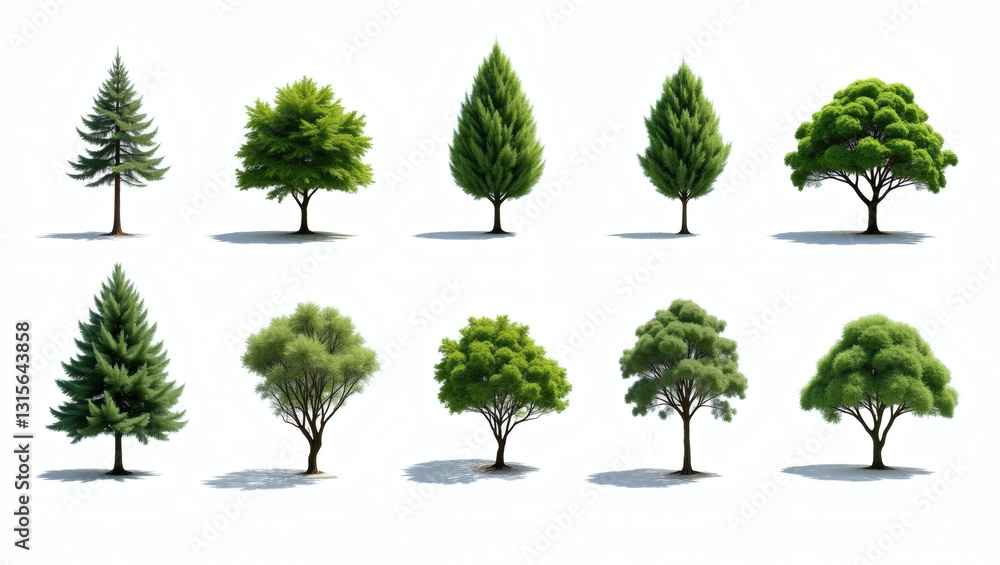 Poster a collection of diverse trees, showcasing different shapes, sizes, and foliage against an unobtrusiv