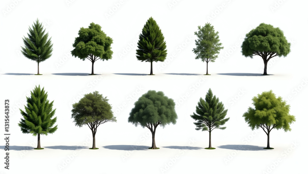 Aufkleber a collection of diverse, lush trees with various shapes and sizes. The trees cast shadows on the surface beneath them, suggesting a bright, sunny day. The trees are set against a clean backdrop