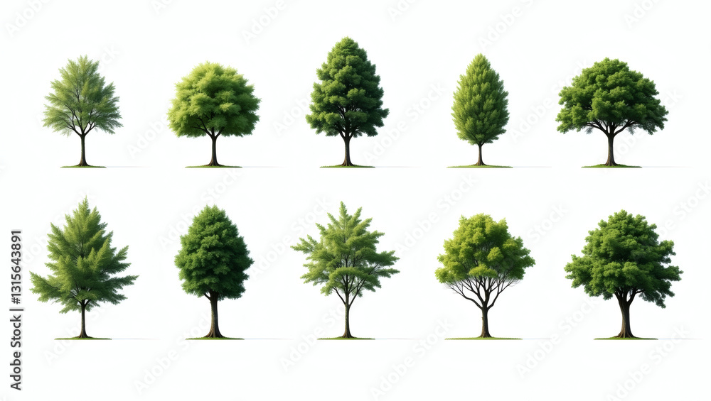 Poster a collection of various green trees, each unique in shape and style. A diverse assortment for nature-related design