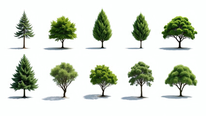 Fototapeta premium a collection of diverse trees, showcasing different shapes, sizes, and foliage against an unobtrusive background. They cast distinct shadows