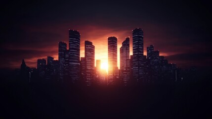 Naklejka premium Dramatic Sunset Cityscape Skyline Urban Night Towers Buildings AI Art