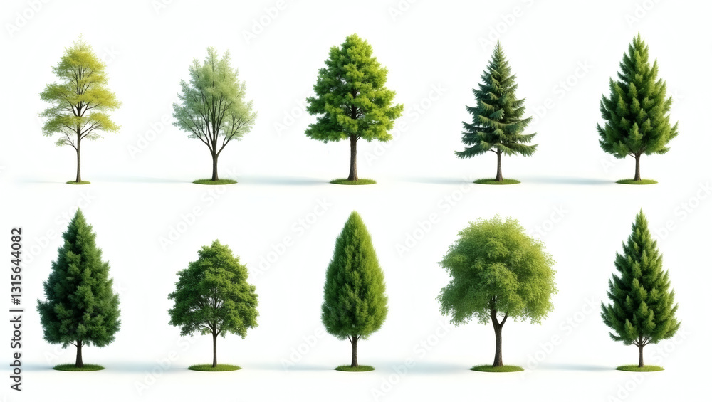 Poster an array of various kinds of trees lined up in a row, each showcasing unique shapes, sizes, and foliage, arranged in a visually pleasing pattern