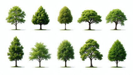 a collection of diverse green trees, showcasing a variety of shapes and foliage