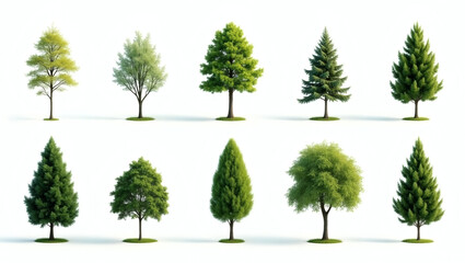 an array of various kinds of trees lined up in a row, each showcasing unique shapes, sizes, and foliage, arranged in a visually pleasing pattern
