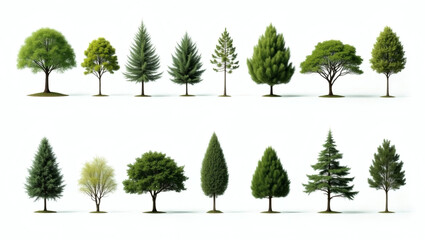 a variety of different kinds of trees are lined up in two rows, representing the diverse forms of nature