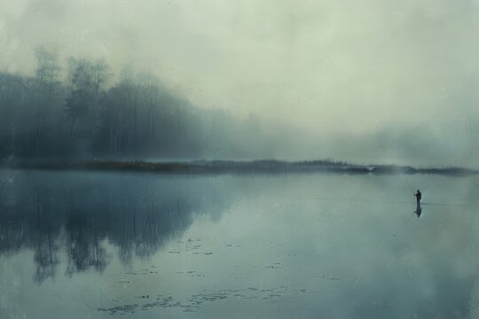 A lone figure casts a line on a tranquil lake blanketed in mist on a serene morning, A misty morning on a quiet lake, with a solitary figure casting their line into the water