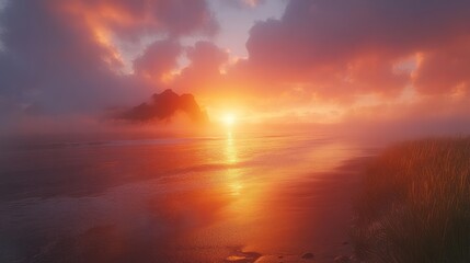 Fototapeta premium Dramatic Sunset over Misty Beach