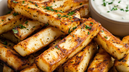 A gourmet presentation of crispy halloumi fries, golden-brown and perfectly stacked, sprinkled with fresh herbs and served with a side of tangy yogurt dip