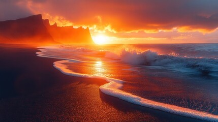 Dramatic sunset over Icelandic black sand beach