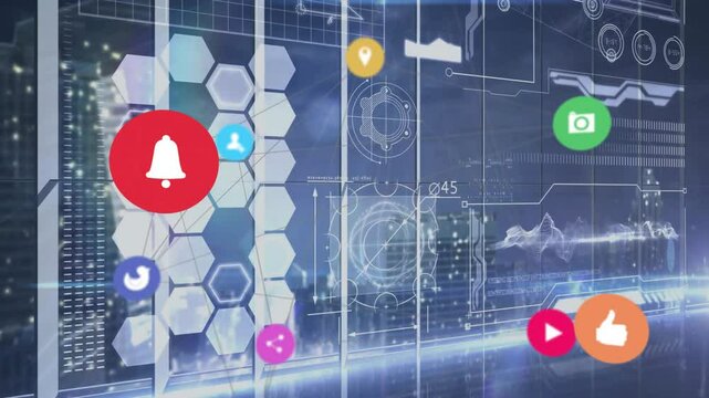 Animation of digital interface displaying social media icons with hexagonal patterns