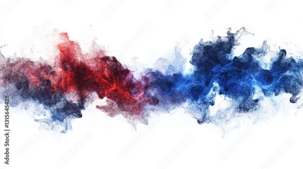 Poster a futuristic digital art piece featuring blue and red fractal clouds, dynamically merging in an abst