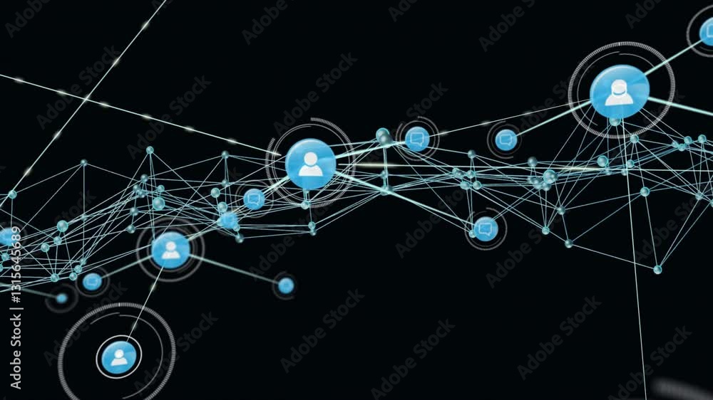 Poster animation of user icons forming network on dark background, creating web