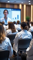 Large group of medical professionals in white lab coats attending a healthcare conference or educational seminar, focused on a presentation with charts and data on a big screen.

