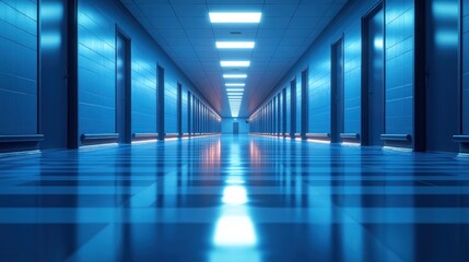 Obraz premium Empty hospital corridor, blue light, reflection, perspective