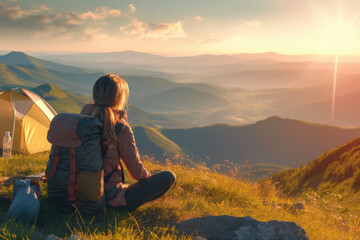 A woman sits on a grassy hillside, looking out at the mountains