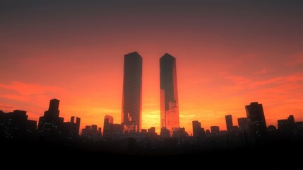 Dramatic Sunset Cityscape  Twin Towers  Skyline Silhouette  AI Art