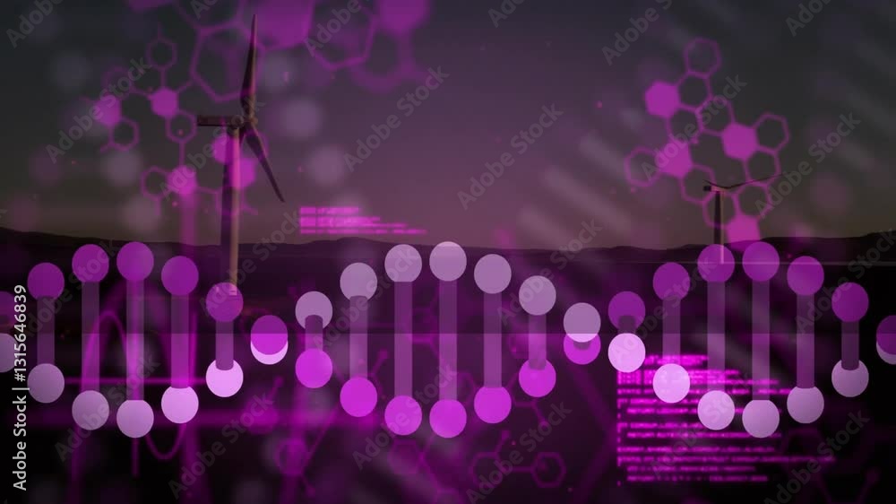 Aufkleber dna strand and hexagonal patterns animation over wind turbines at sunset