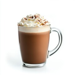 A glass mug of hot chocolate topped with whipped cream and cocoa powder