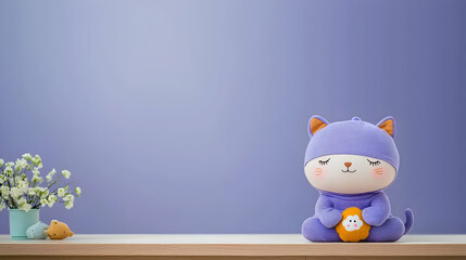 A cute plush cat toy sitting with a purple background
