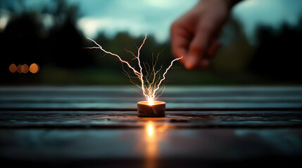 A small object generating bright electricity with a nearby hand