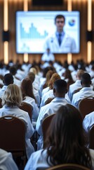 Large group of medical professionals in white lab coats attending a healthcare conference or educational seminar, focused on a presentation with charts and data on a big screen.

