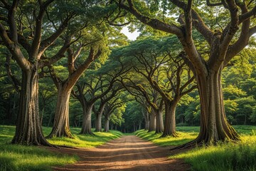Fototapeta premium Allure of Ancient Trees in a Lush Summer Forest Background