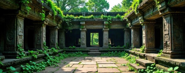 Abandoned temple with intricate carvings of dark green leaves and vines on ancient stones, intricate carvings, abandoned temple, dark green leaves