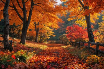 Enchanting Autumn Scenery with Colorful Foliage and Cascading Leaves in a Lush Natural Environment