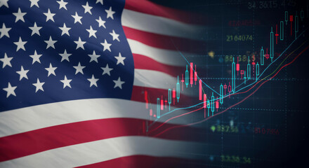 A vibrant American flag flows in the background as stock market data displays upward trends, symbolizing financial growth and investment potential in the USA