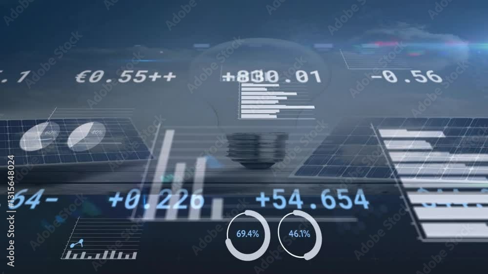 Poster animation of digital data and graphs overlaying solar panels and light bulb concept