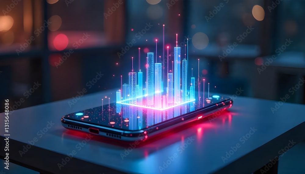 Poster smartphone hologram floating above a futuristic table