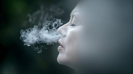 A womans face exhaling smoke in a close up shot