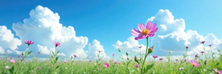 Delicate cornflower against a brilliant blue sky with puffy white clouds, field, flower