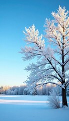 Frost-covered tree branches against a bright blue sky, landscape, cold, snowy