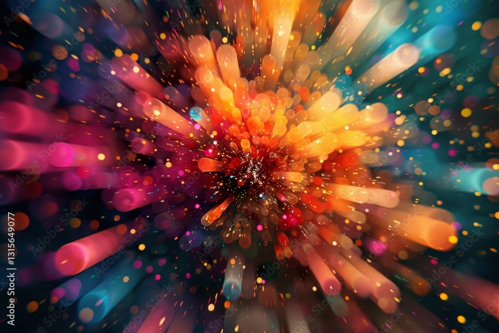 Poster a mesmerizing burst of colors with streaks of light and bokeh, creating a vibrant abstract pattern, 